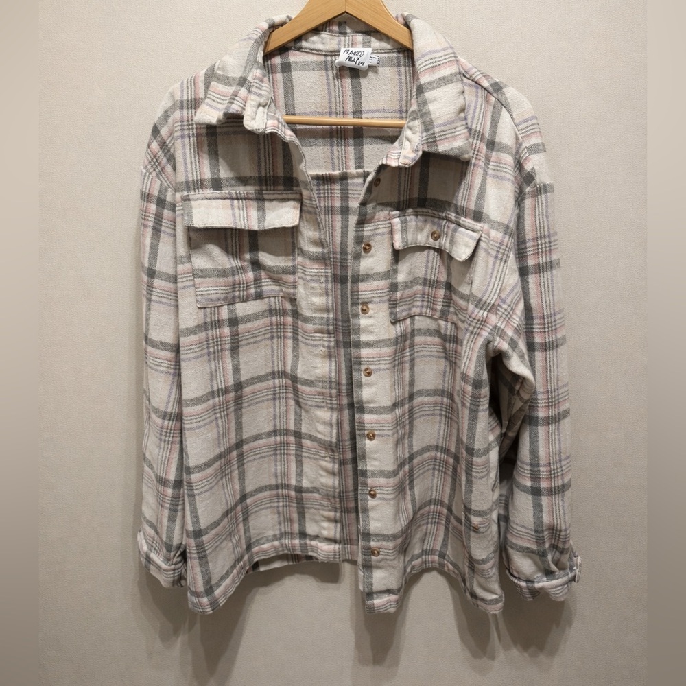 Princess Polly Leylan Oversized Plaid Shacket Cream Pink Gray Size 12 Large